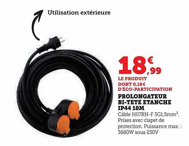 Prolongateur Bi-tête étanche Ip44 10 M