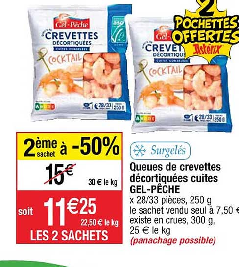 queues de crevettes décortiquées cuites gel-pêche