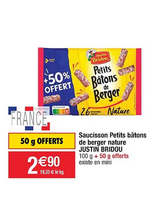 Saucisson Petits Bâtons De Berger Nature Justin Bridou