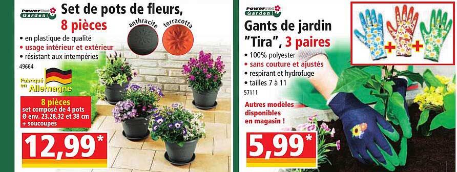 set de pots de fleurs, 8 pièces powertec garden, gants de jardin "tira", 3 paires powertec garden