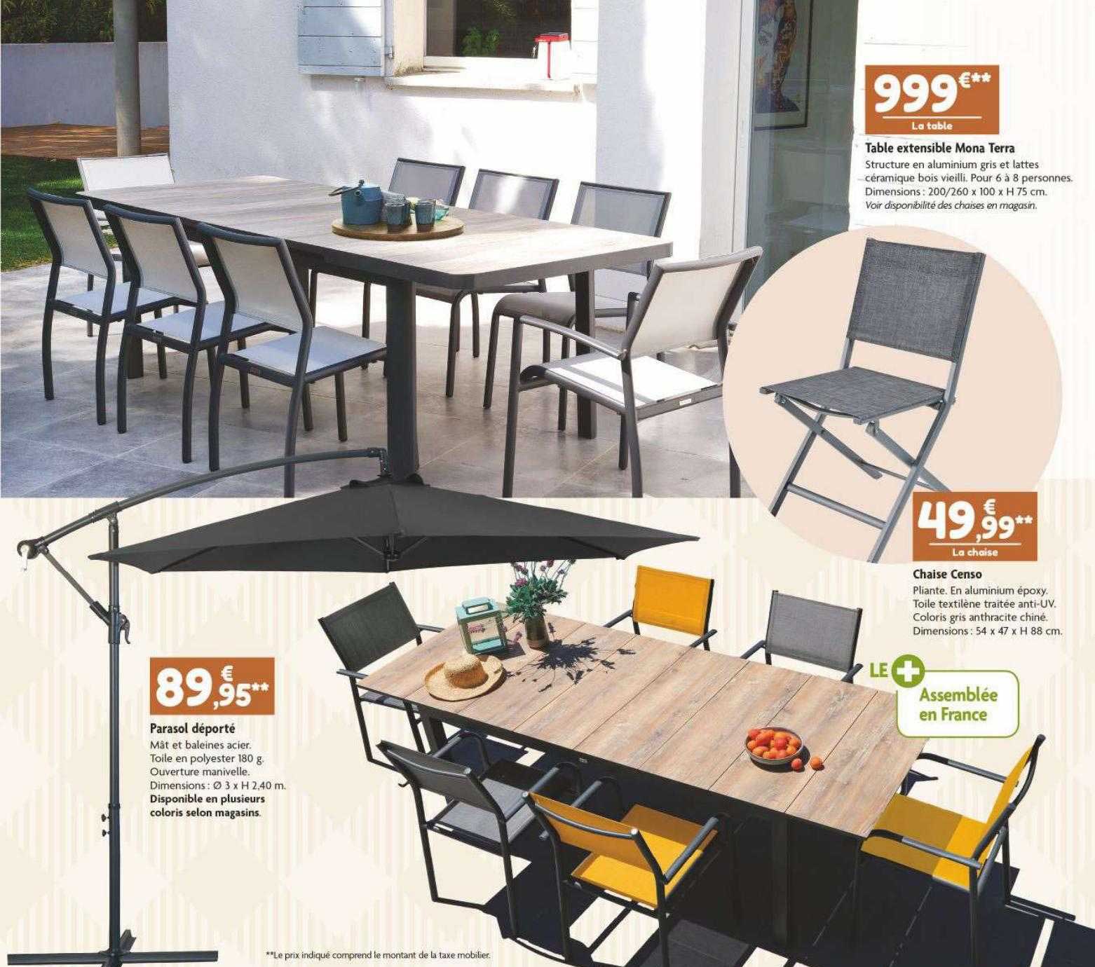 table extensible mona terra, parasol déporté, chaise censo