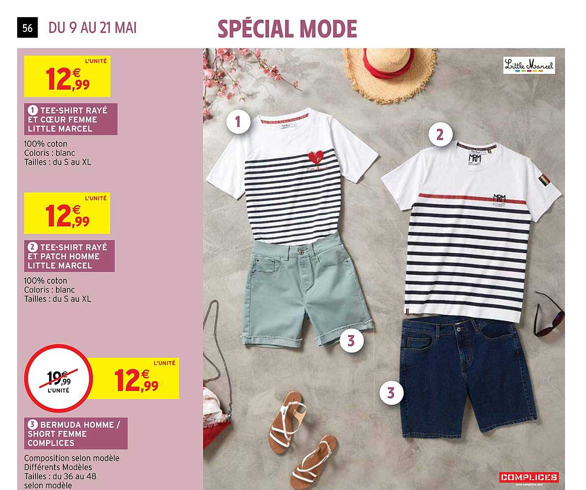 tee-shirt rayé et cœur femme little marcel, tee-shirt rayé et patch homme little marcel, bermuda homme-short femme complices