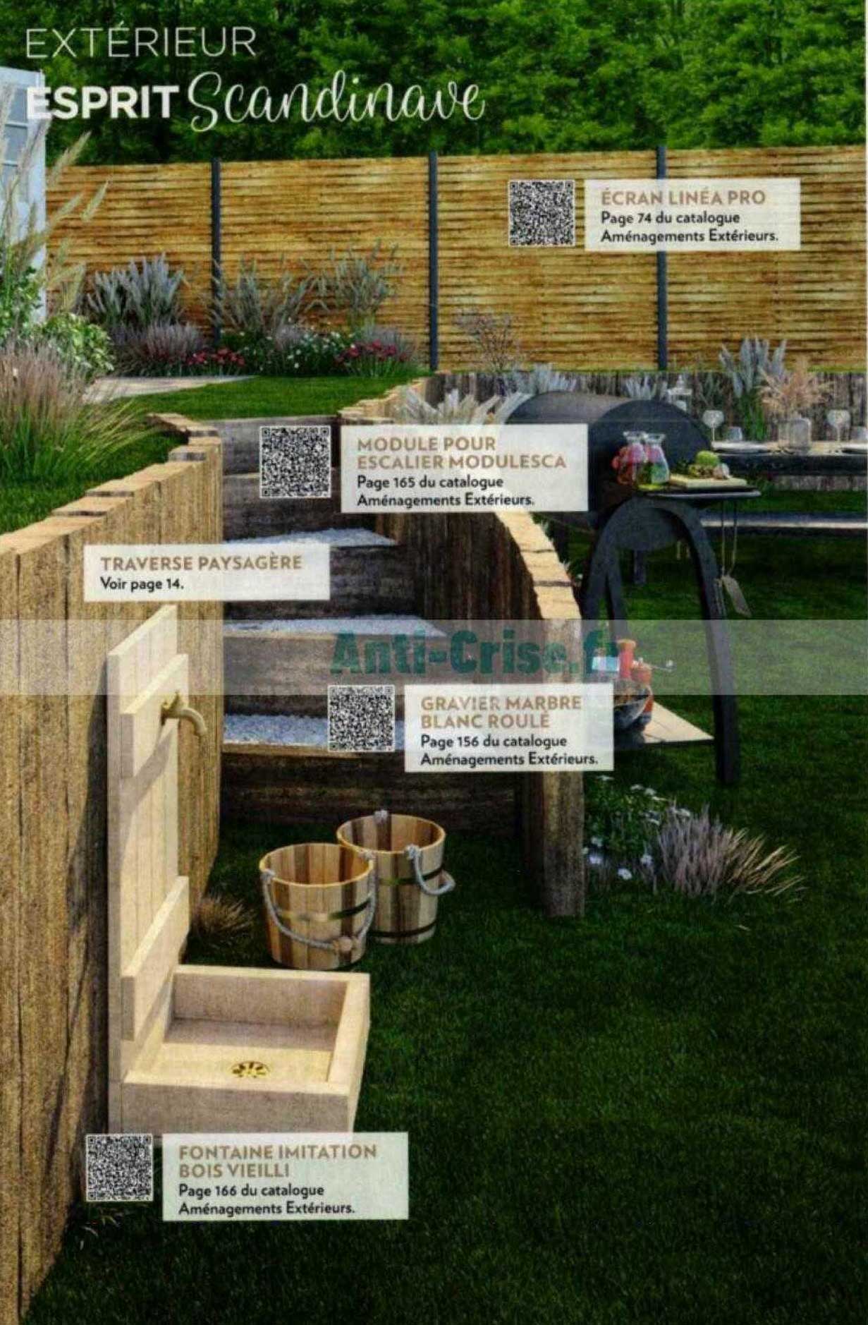 Traverse Paysagère, Module Pour Escalier Modulesca, écran Linéa Pro, Gravier Marbre Blanc Roulé, Fontaine Imitation Bois Vieilli