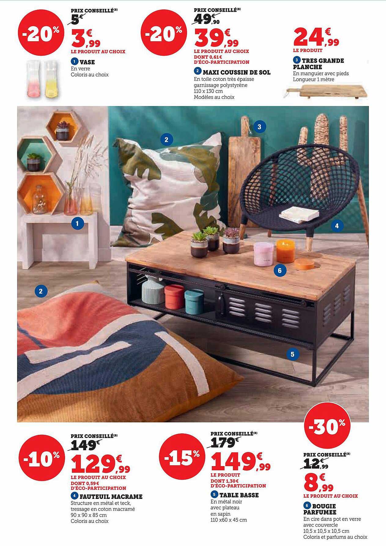 vase, maxi coussin de sol, très grand planche, fauteuil macramé, table basse, bougie parfumée