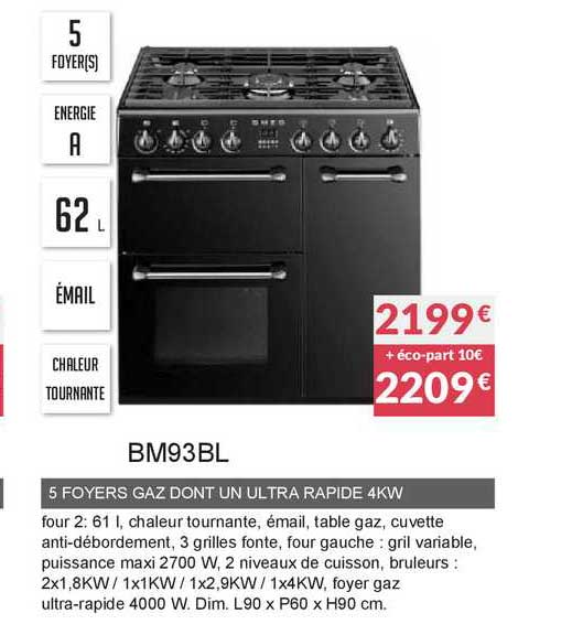 5 foyers gaz dont un ultra rapide 4kw bm93bl