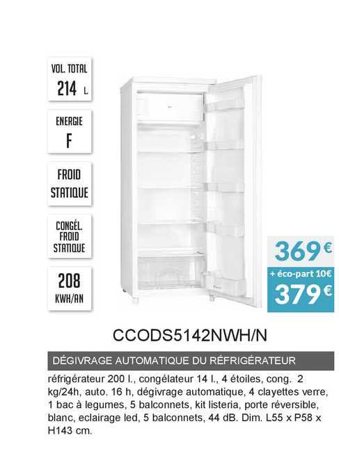 dégivrage automatique du réfirgérateur ccods5142nwh n