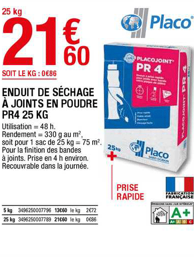 enduit de séchage à joints en poudre pr4 25 kg