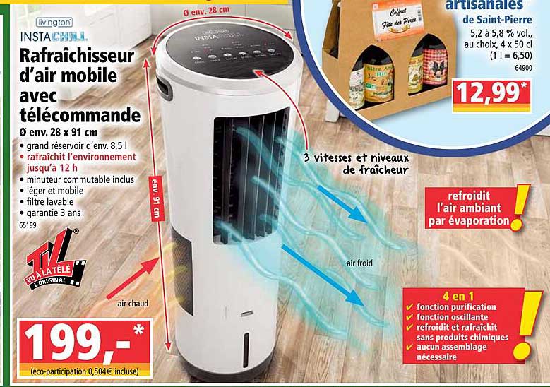 livingto' instachill rafraîchisseur d'air mobile avec télécommande