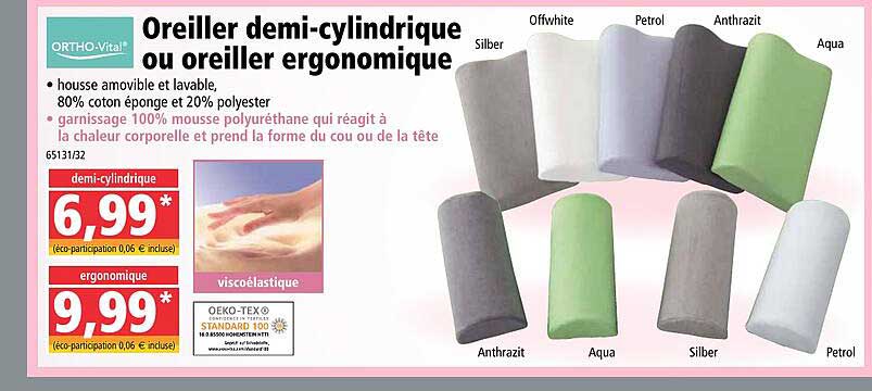 ortho vital oreiller demi-cylindrique ou oreiller ergonomique