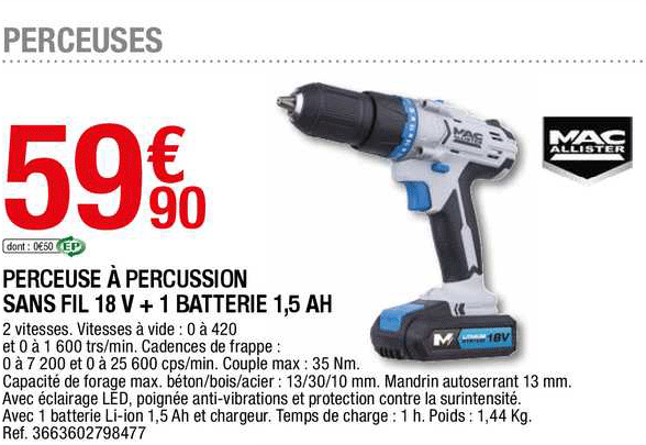 perceuse à percussion sans fil 18 v + 1 batterie 1,5 ah mac allister