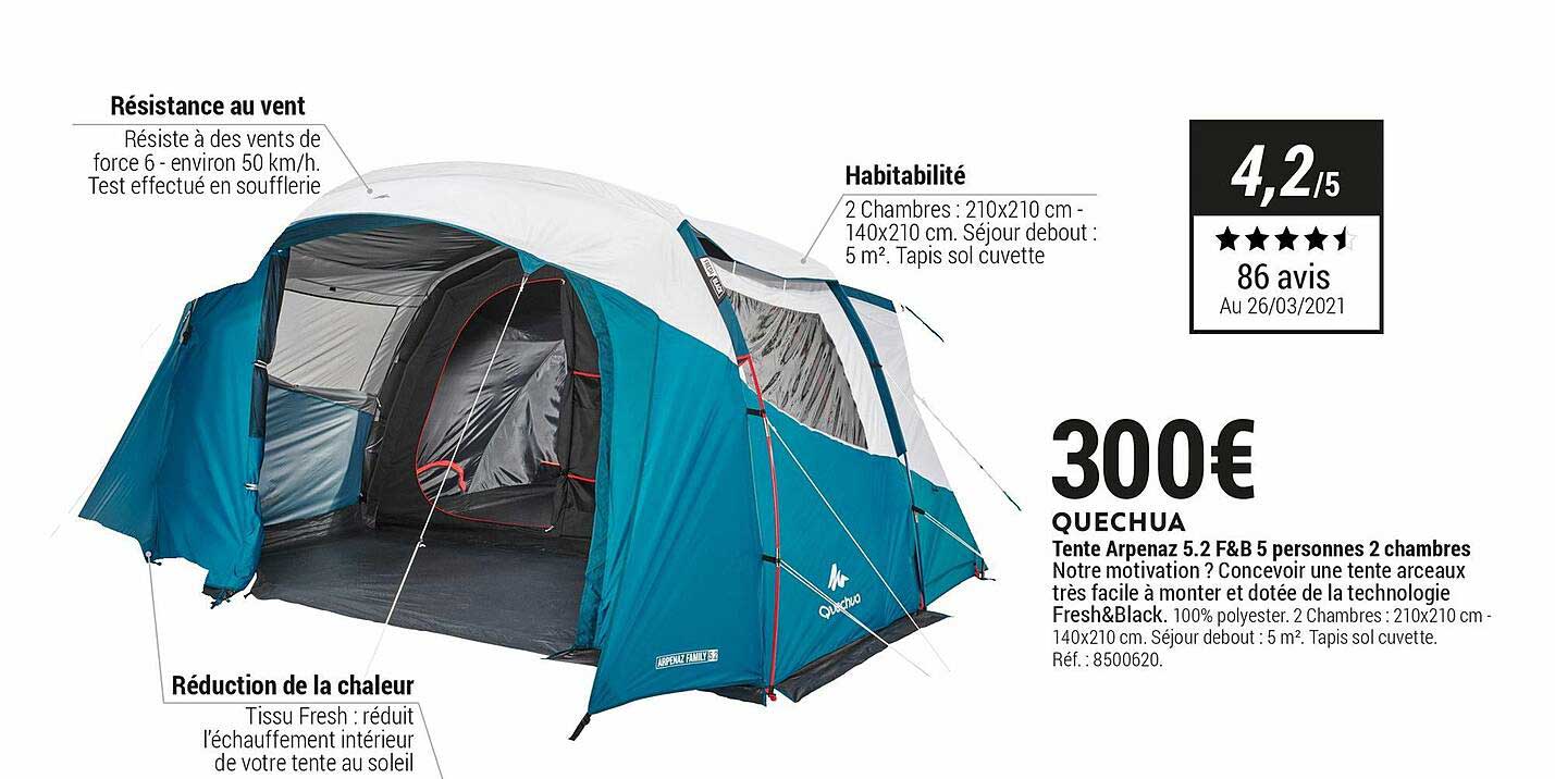quechua tente arpenaz 5.2 f&b 5 personnes 2 chambres