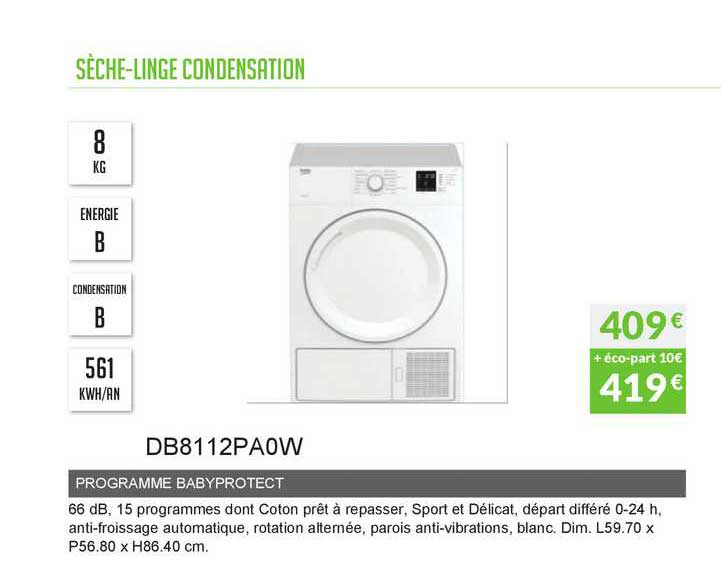 sèche-linge condensation programme babyprotect db8112pa0w