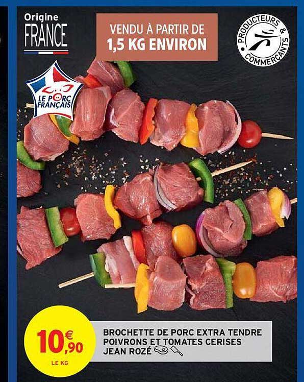 brochette de porc extra tendre poivrons et tomates cerises jean rozé