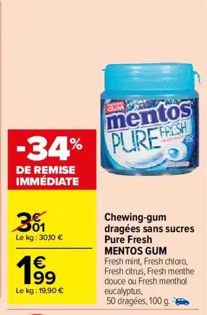 chewing-gum dragées sans sucres pure fresh mentos gum