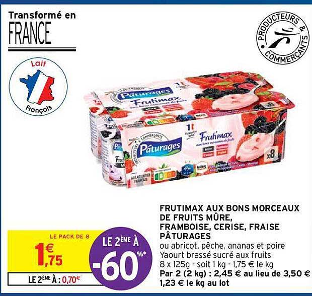 frutimax aux bons morceaux de fruits mûre, framboise, cerisem, fraise pâturages