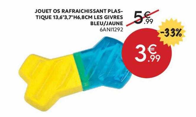 jouet os rafraichissant plastique 13,6 x 3,7 h 6,8 cm les givres bleu-jaune