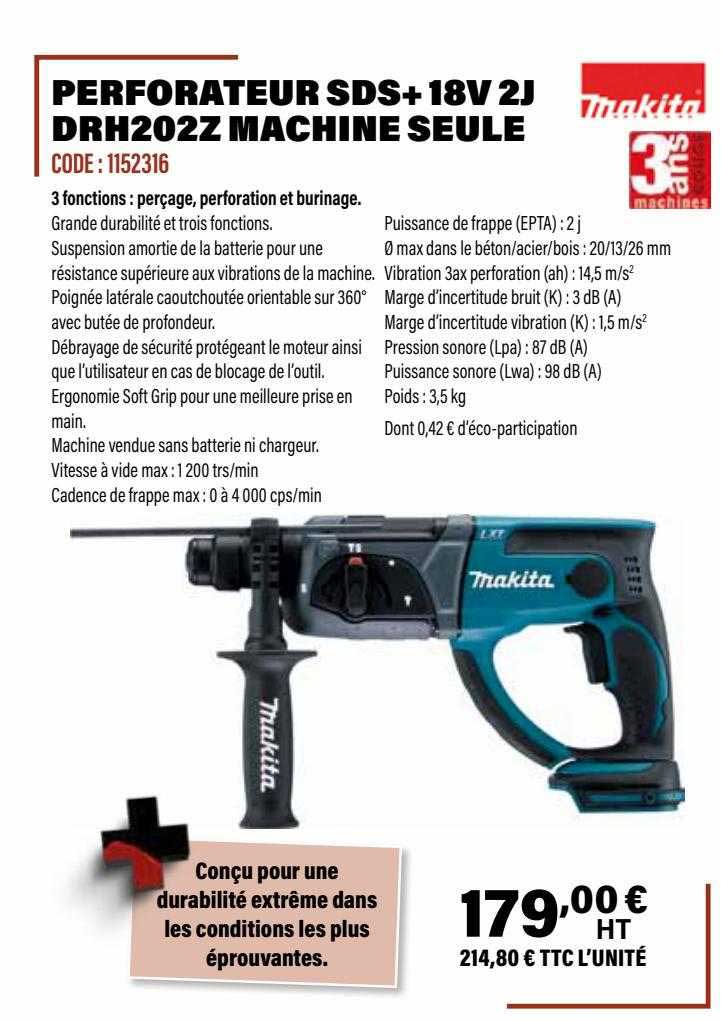 perforateur sds+ 18v 2j drh202z machine seule makita