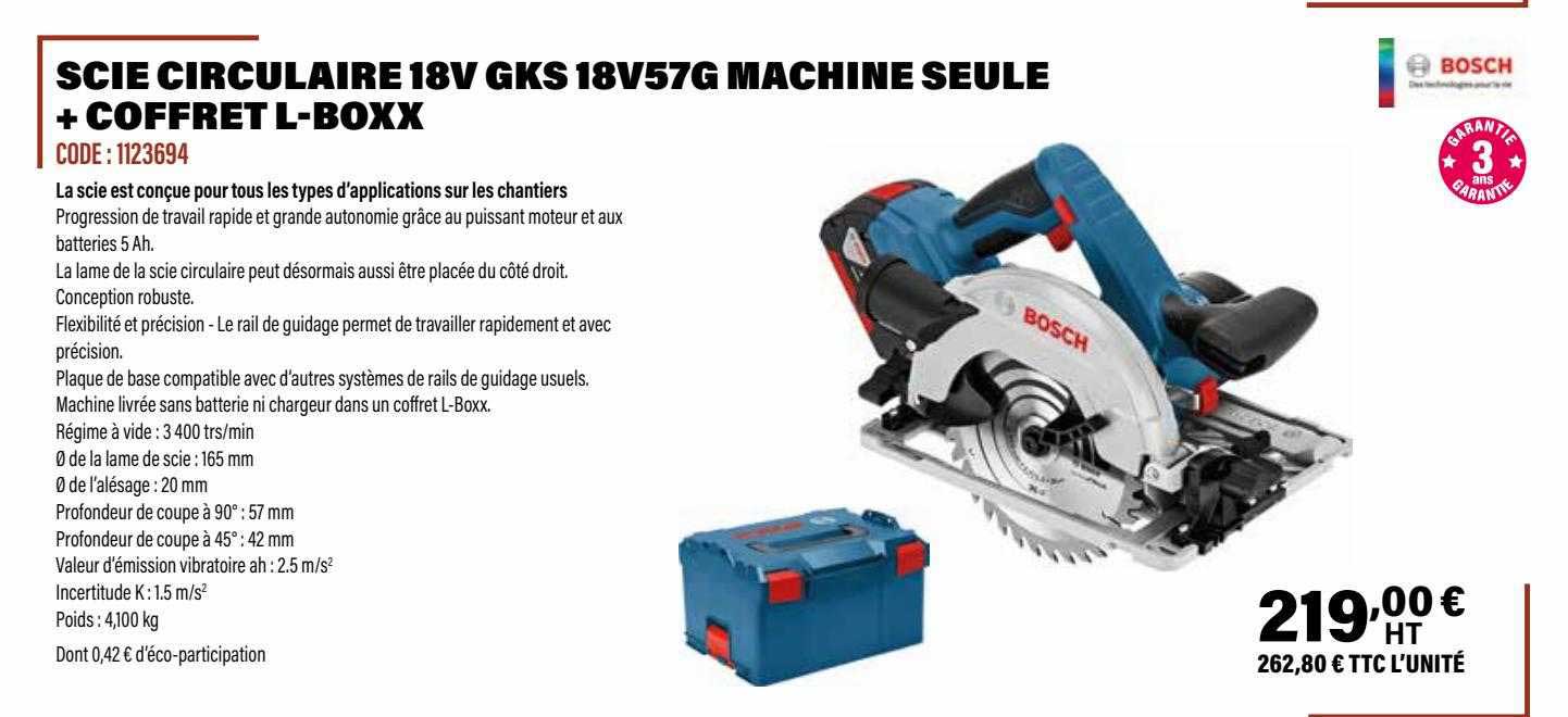scie circulaire 18v gks 18v57g machine seule + coffret l-boxx bosch
