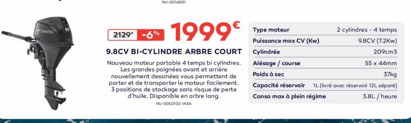tohatsu 9.8 cv bi-cylindre arbre court