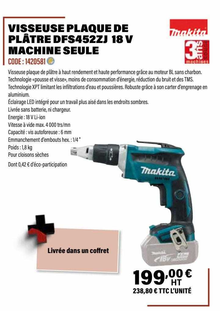 visseuse plaque de plâtre dfs452zj 18 v machine seule makita