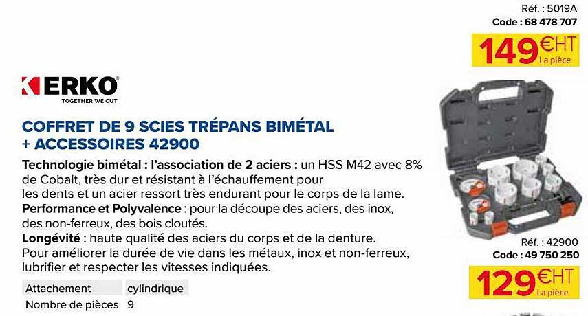 coffret de 9 scices trépans bimétal + accessoires 42900 kerko