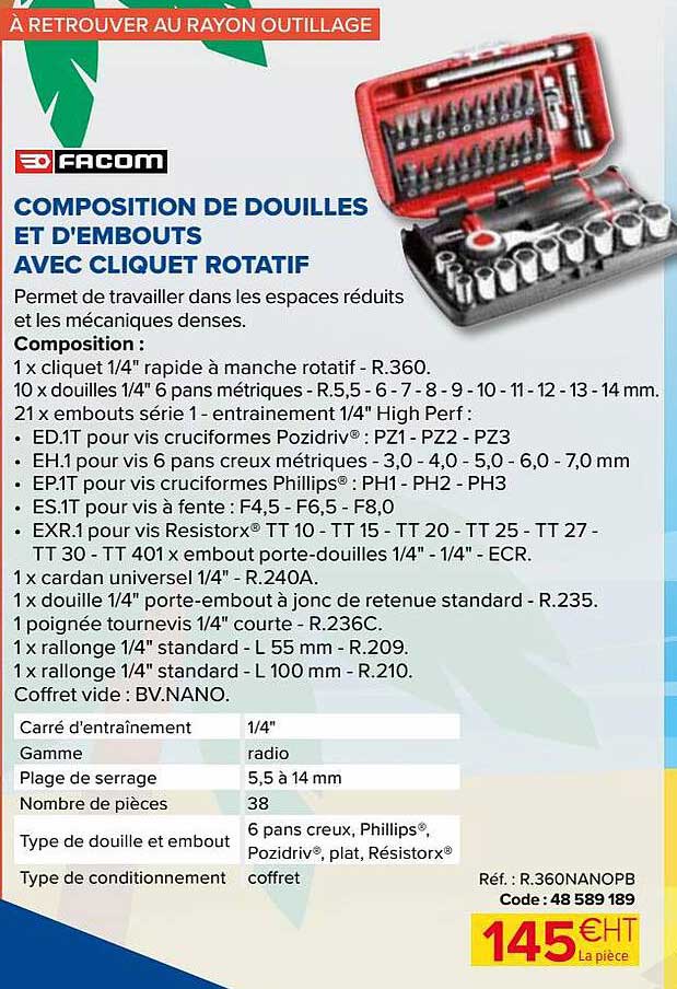 composition de douilles et d'embouts avec cliquet rotatif facom