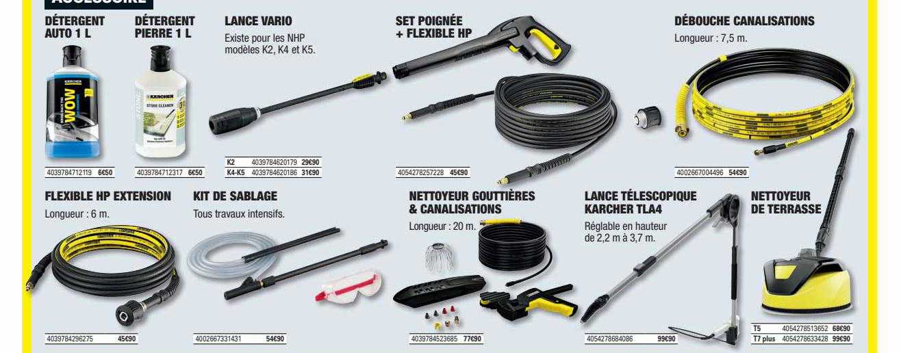 détergent auto 1l, détergent pierre 1l, lance vario, set poignée + flexible hp, flexible hp extension, kit de sablage, nettoyeur gouttières & canalisations, lance télescopique kärcher tla4