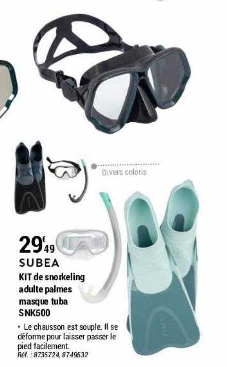 kit de snorkeling adulte palmes masque tuba snk500 subea