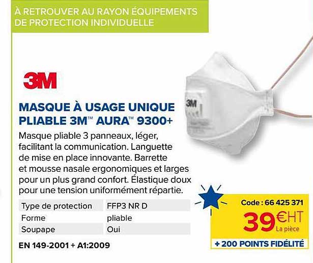 masque à usage unique pliable 3m aura 9300+ 3m