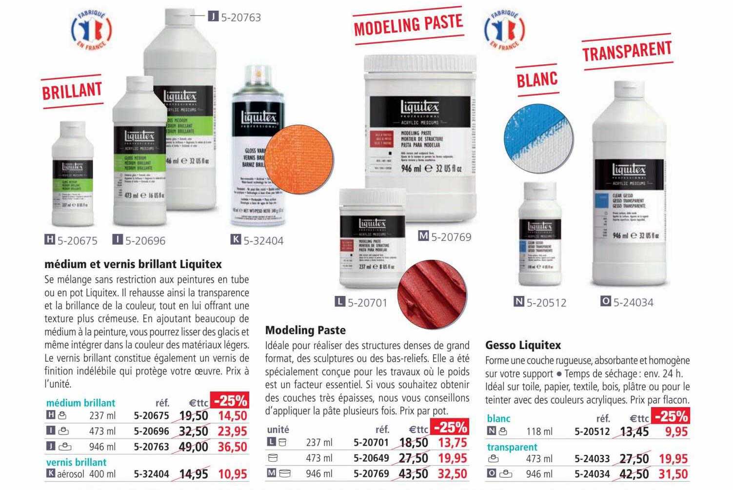 médium et vernis brillant liquitex, modeling paste, gesso liquitex
