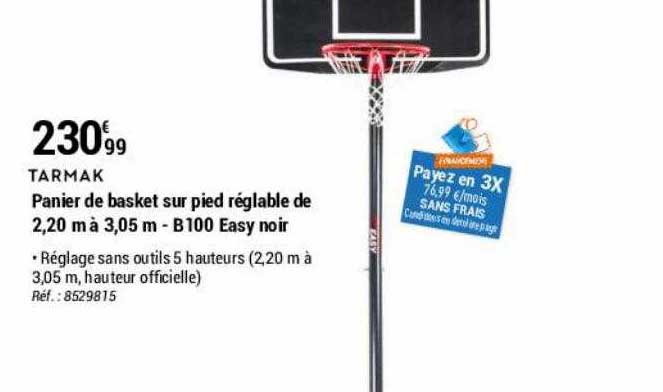 panier de basket sur pied réglable de 2,20 m à 3,05 m - b100 easy noir tarmak