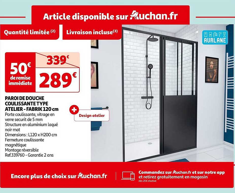 paroi de douche coulissante type atelier - fabrik 120 cm