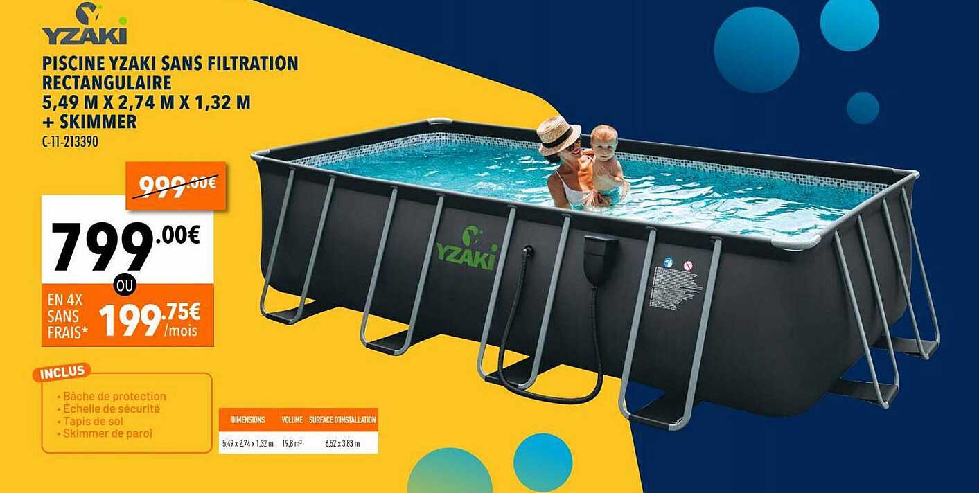 piscine yzaki sans filtration rectangulaire 5,49 m x 2,74 m x 1,32 m + skimmer