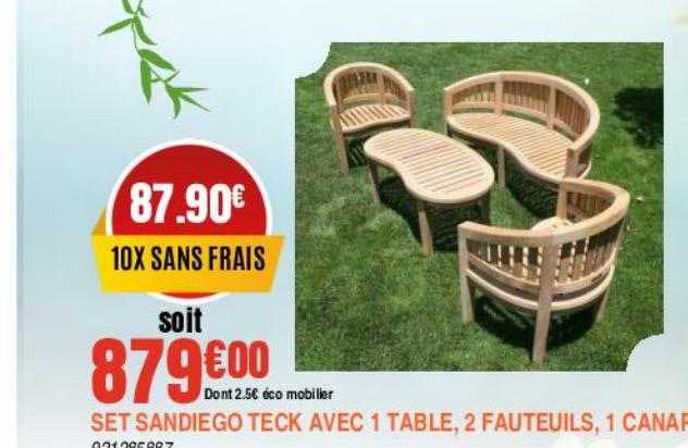 set sandiego teck avec 1 table, 2 fauteuils, 1 canapé
