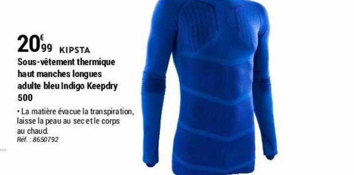 sous-vêtement thermique haut manches longues adulte bleu indigo keepdry 500 kipsta