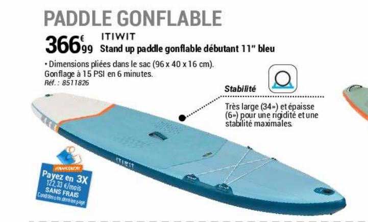 stand up paddle gonflable débutant 11" bleu itiwit