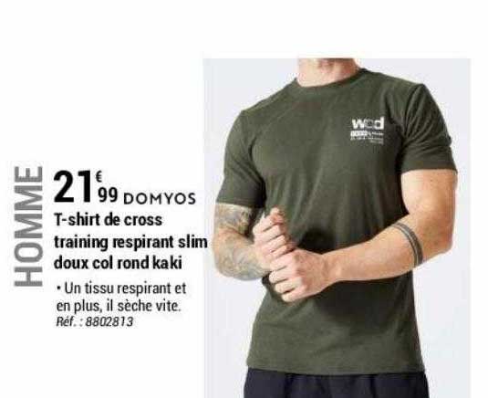 t-shirt de cross training respirant slim doux col rond kakit domyos