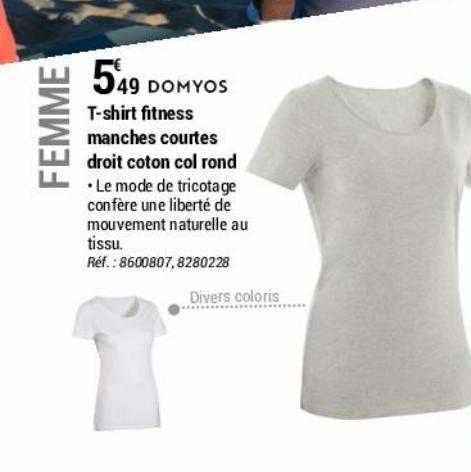 t-shirt fitness manches courtes droit coton col rond domyos
