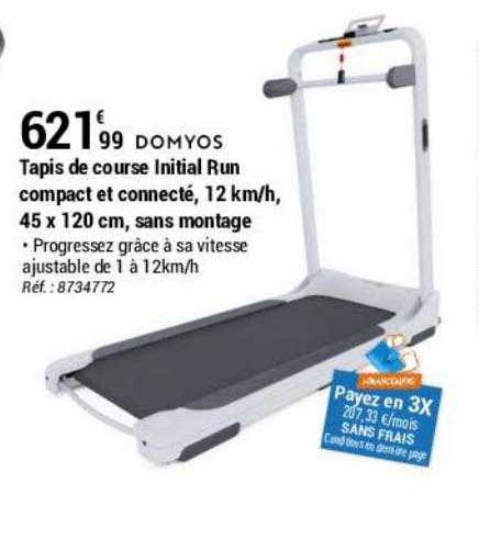 tapis de course initial run compact et connecté, 12 km-h, 45 x 120 cm, sans montage domyos