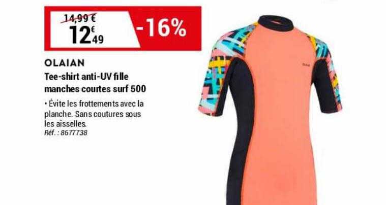 tee-shirt anti-uv fille manches courtes surf 500 olaian