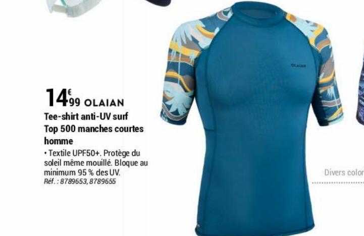 tee-shirt anti-uv surf top 500 manches courtes homme olaian