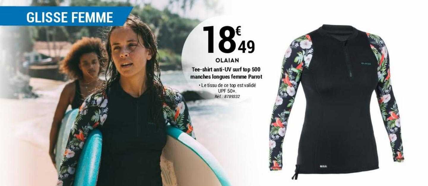 tee-shirt anti-uv surf top 500 manches longues femme parrot olaian