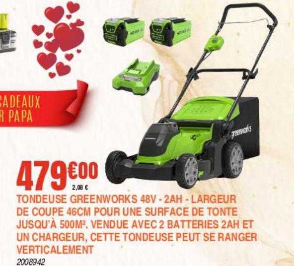 tondeuse greenworks 48v - 2Ah - largeur de coupe 46 cm pour une surface de tonte jusqu'à 500m²