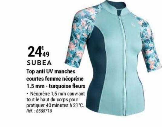 top anti uv manches courtes femme néoprène 1.5 mm - turquoise fleurs subea