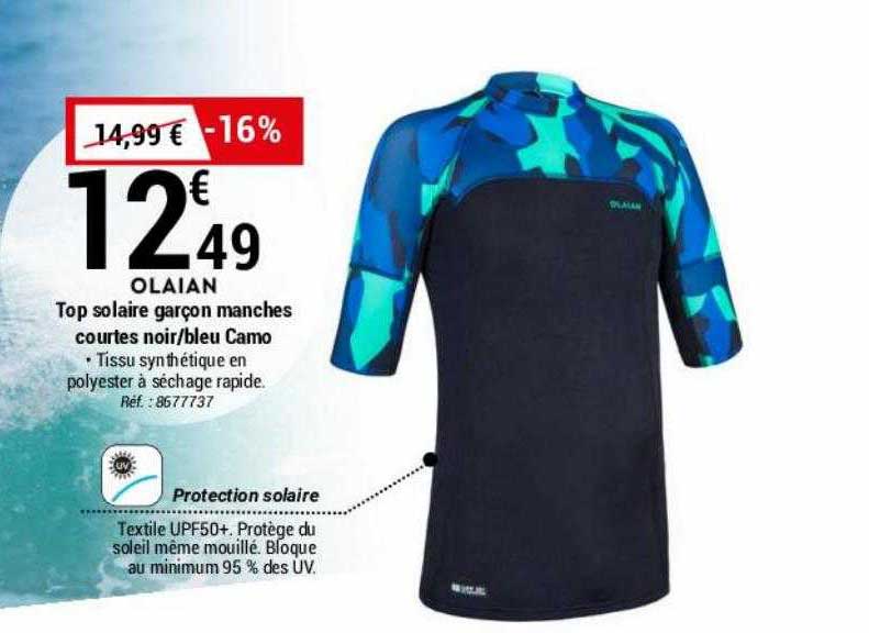 top solaire garçon manches courtes noir-bleu camo olaian