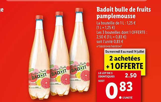 badoit bulle de fruits pamplemousse 2 achetées +1 offerte