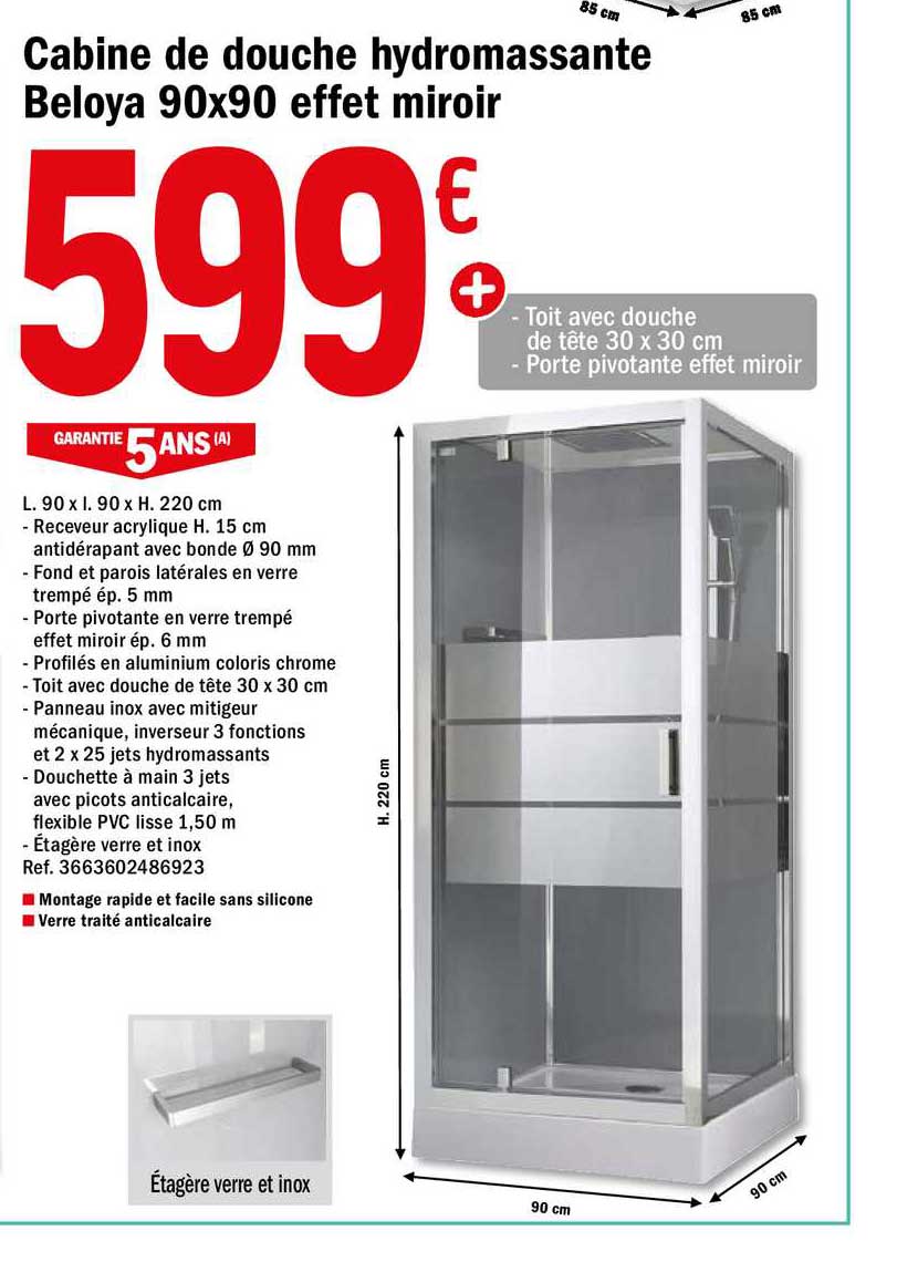 cabine de douche hydromassante beloya 90x90 effet miroir