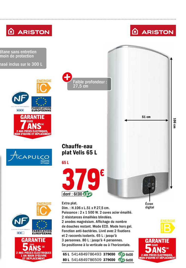 chauffe eau plat velis 65 l