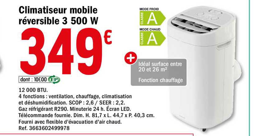 Climatiseur Mobile Réversible 3 500 W