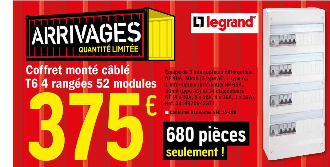 coffret monté câblé t6 4 rangées 52 modules legrand